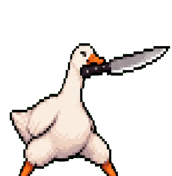 Silly Goose holding a kitchen knife in its beak