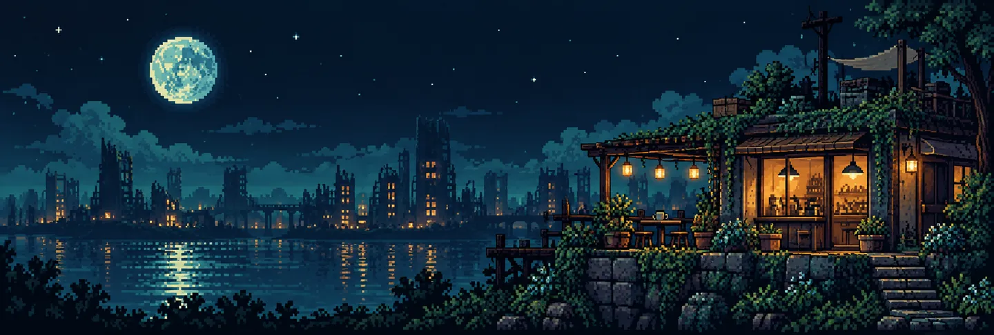 The Standard Coffee Shop at night, glowing beside the ruined city across the water