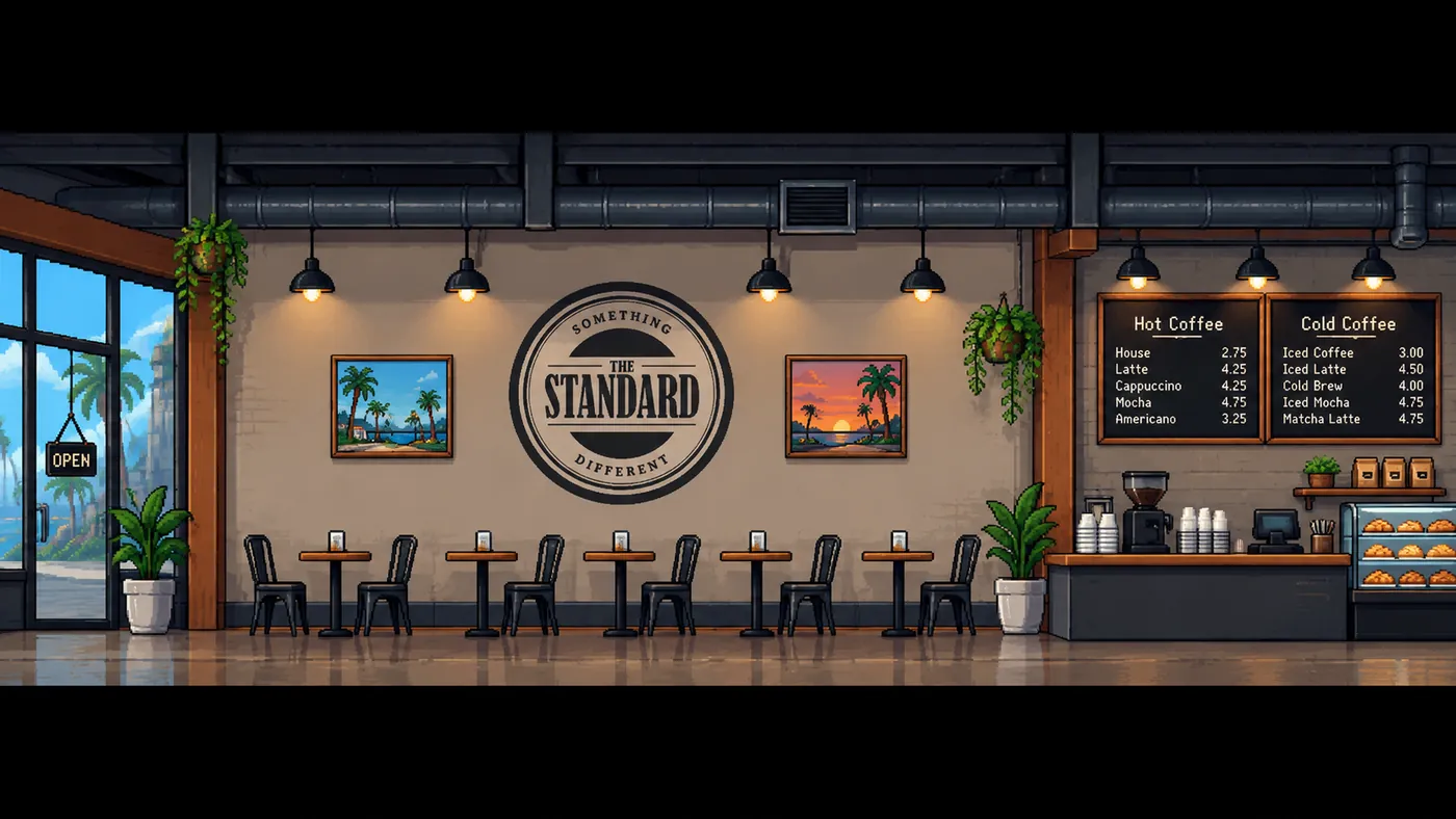 Inside The Standard: tables, menu boards and the round STANDARD logo on the wall